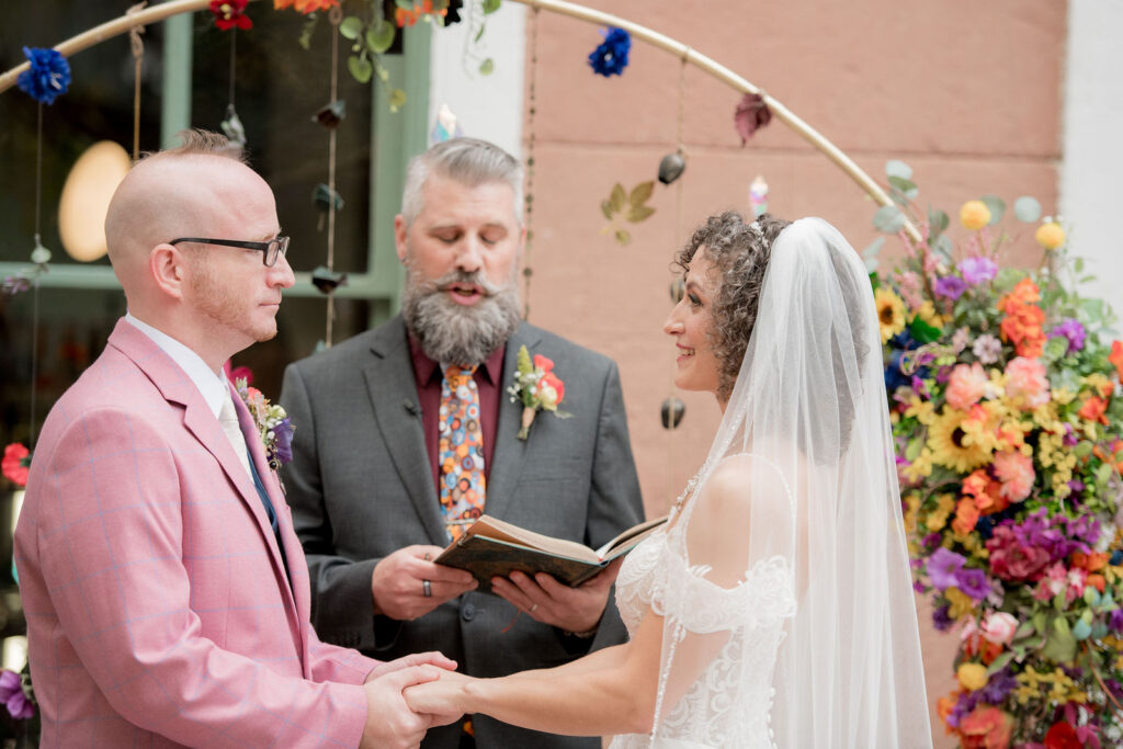 bride and groom standing together